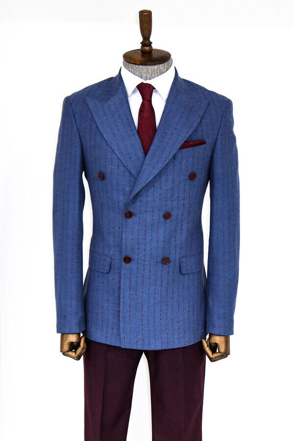 Striped Double Breasted Blue Men Blazer - Wessi