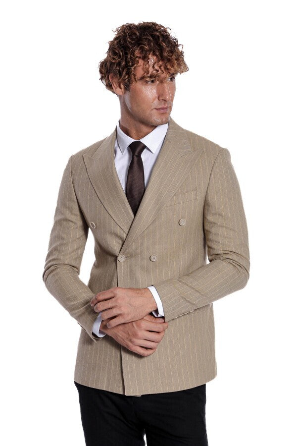 Striped Double Breasted Cream Men Blazer - Wessi