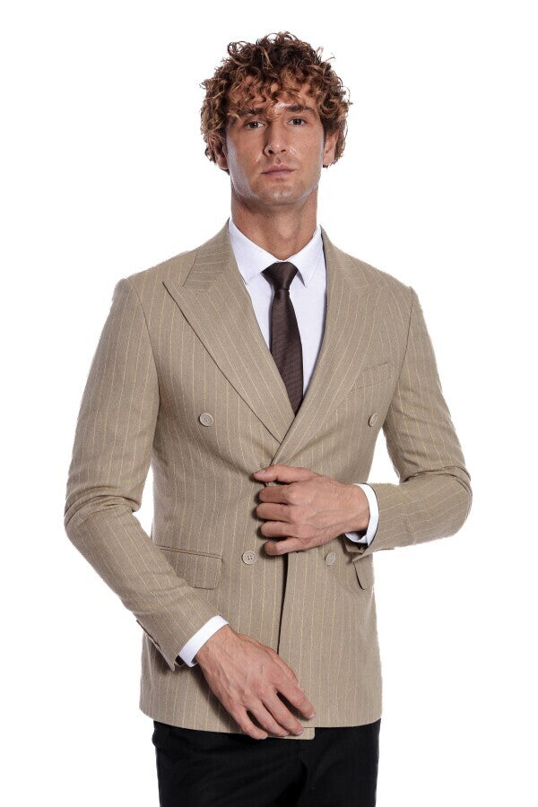 Striped Double Breasted Cream Men Blazer - Wessi