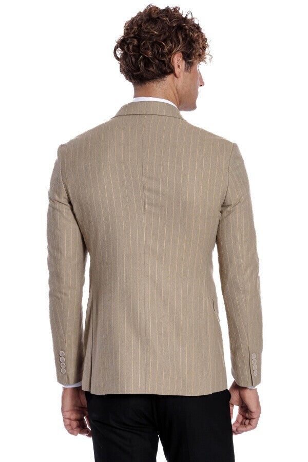 Striped Double Breasted Cream Men Blazer - Wessi