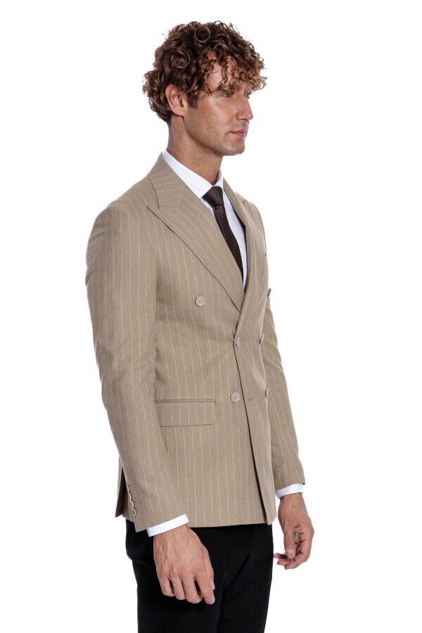 Striped Double Breasted Cream Men Blazer - Wessi