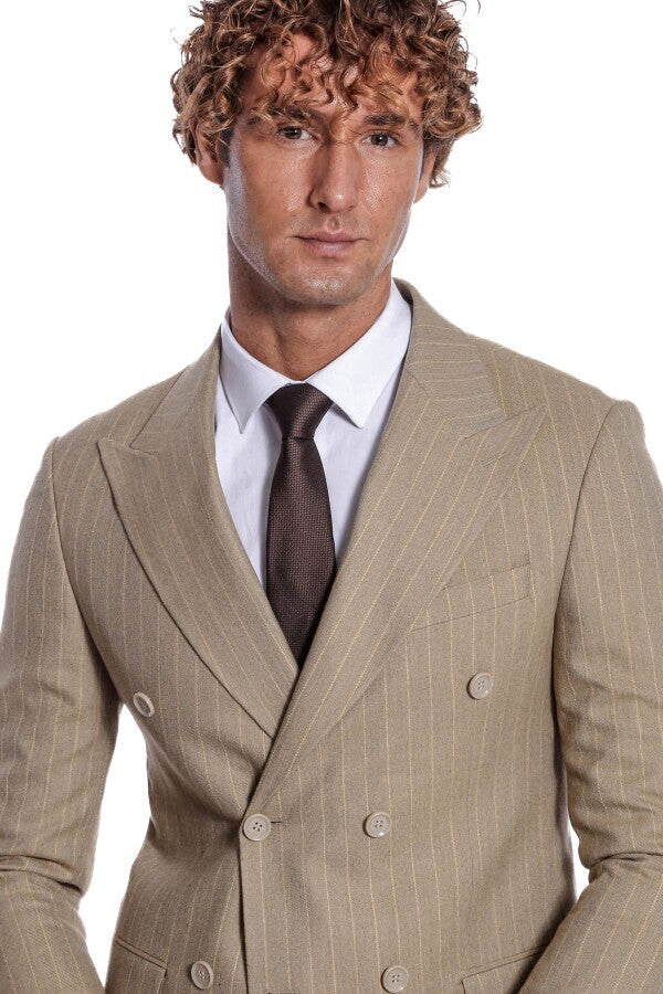 Striped Double Breasted Cream Men Blazer - Wessi