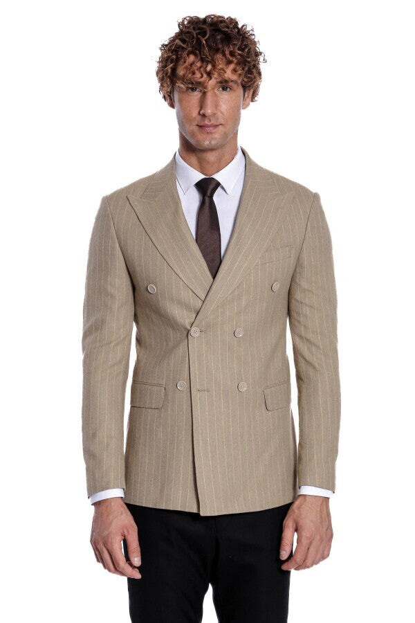 Striped Double Breasted Cream Men Blazer - Wessi