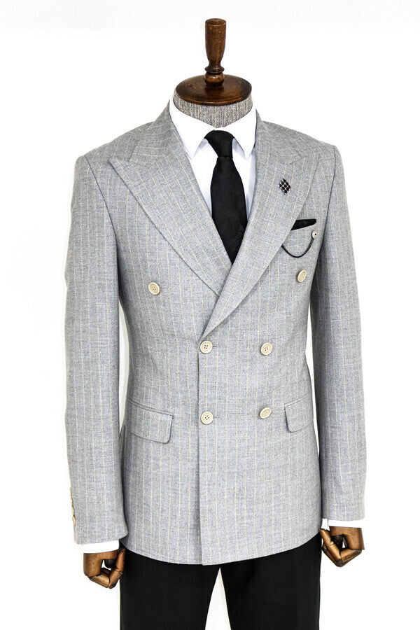 Striped Double Breasted Grey Men Blazer - Wessi