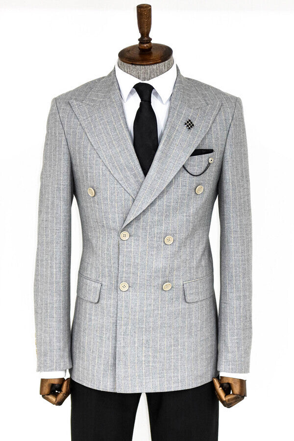 Striped Double Breasted Grey Men Blazer - Wessi