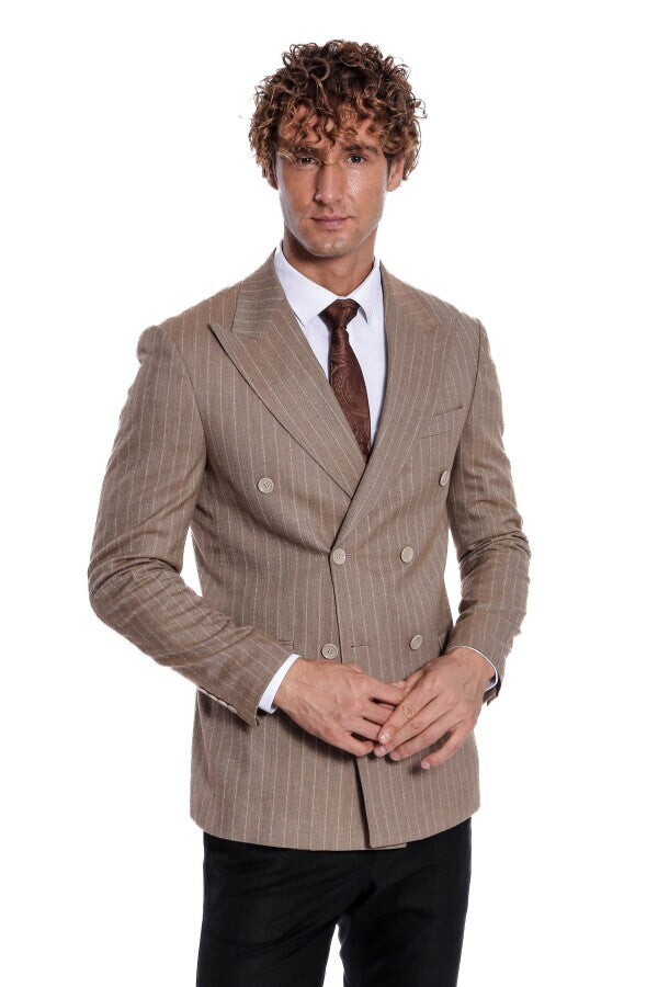 Striped Double Breasted Light Brown Men Blazer - Wessi