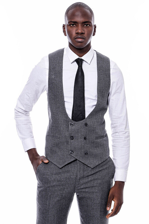 Striped Grey Double Breasted Suit - Wessi