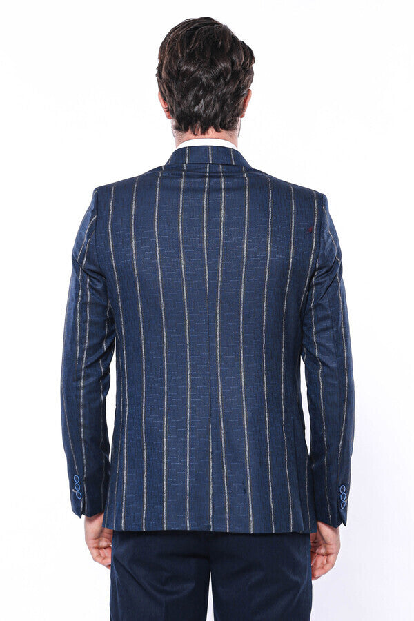 Striped Slim-Fit Navy Blue Men Blazer - Wessi