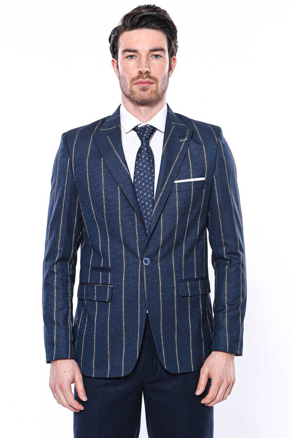 Striped Slim-Fit Navy Blue Men Blazer - Wessi