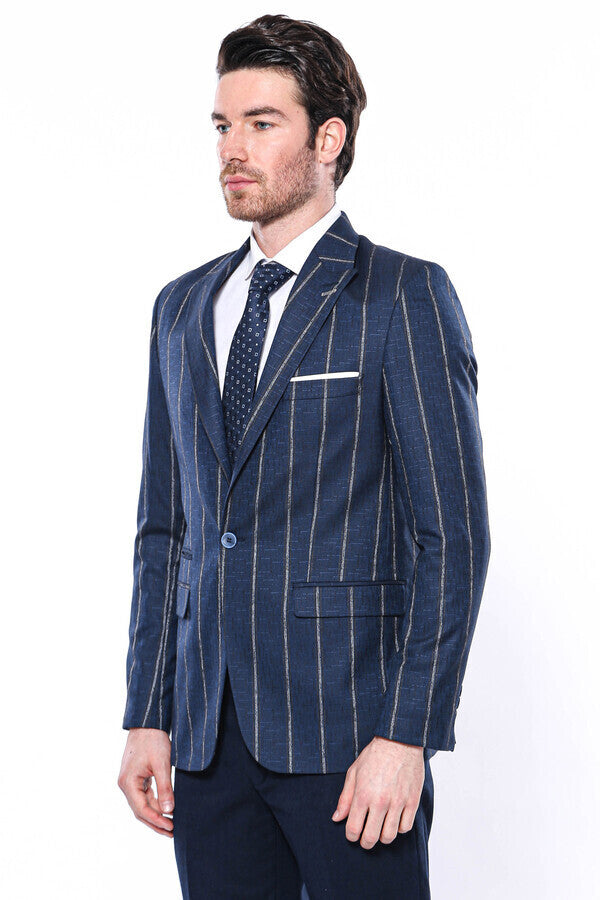 Striped Slim-Fit Navy Blue Men Blazer - Wessi