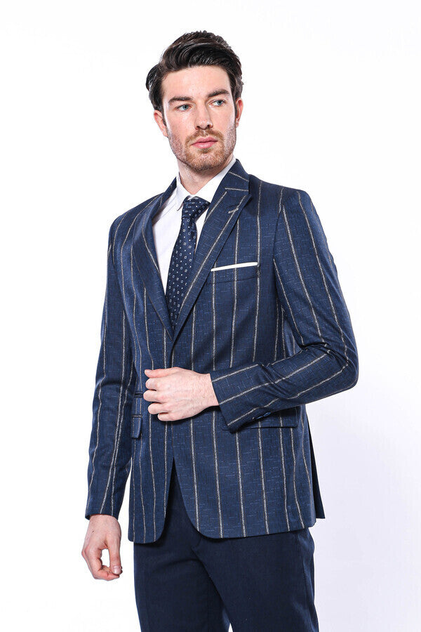 Striped Slim-Fit Navy Blue Men Blazer - Wessi