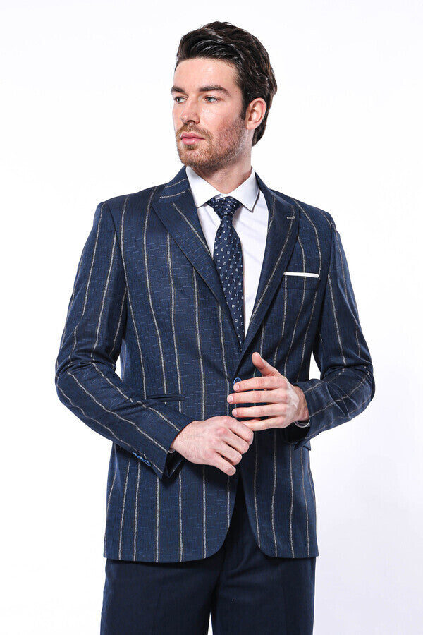 Blazer azul marino ajustado a rayas para hombre - Wessi