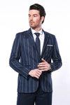 Striped Slim-Fit Navy Blue Men Blazer - Wessi