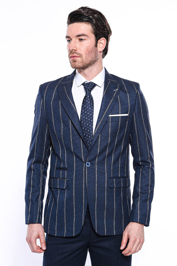 Striped Slim-Fit Navy Blue Men Blazer - Wessi