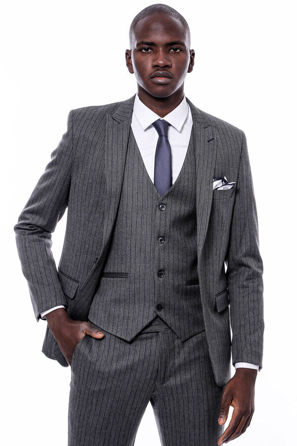 Striped Navy Blue Vested Suit - Wessi