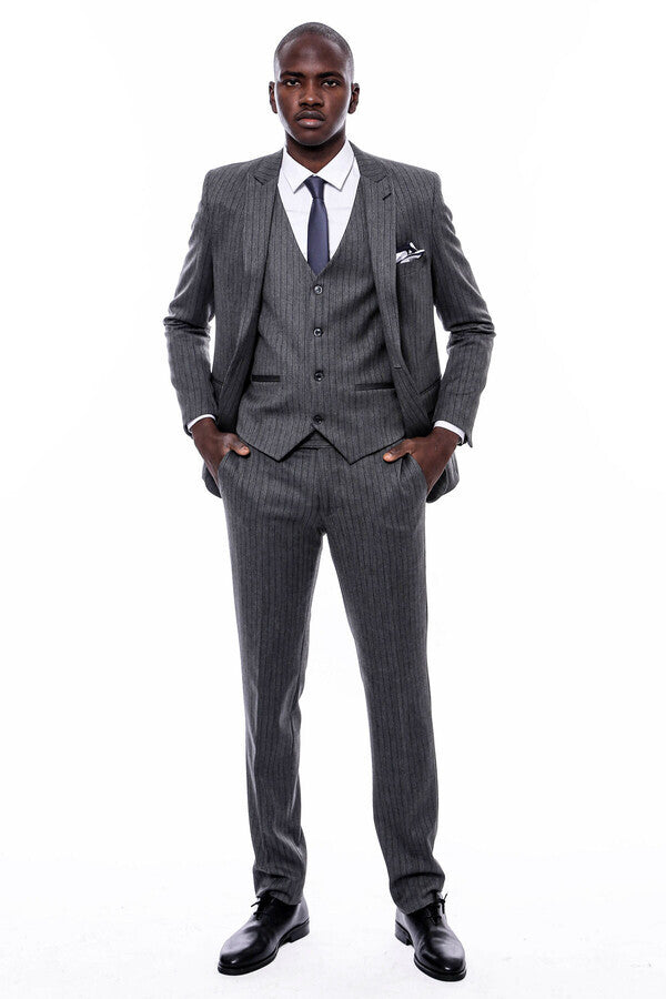 Striped Navy Blue Vested Suit - Wessi