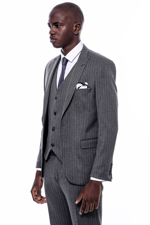 Striped Navy Blue Vested Suit - Wessi