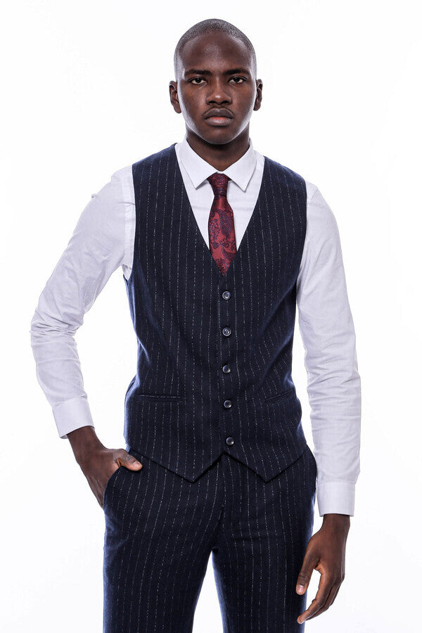 Striped Navy Vested Suit - Wessi