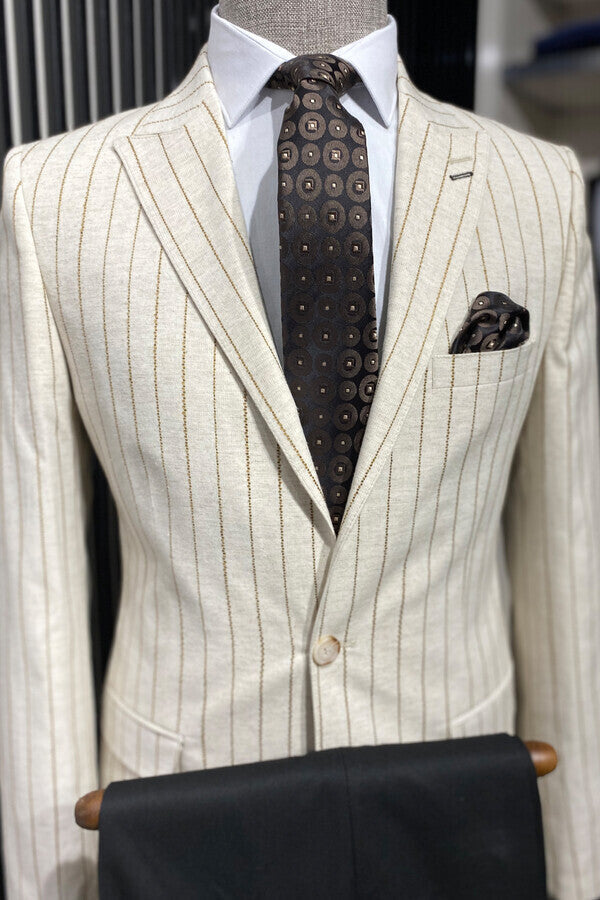 Striped Peak Lapel Beige Sport Jacket - Wessi