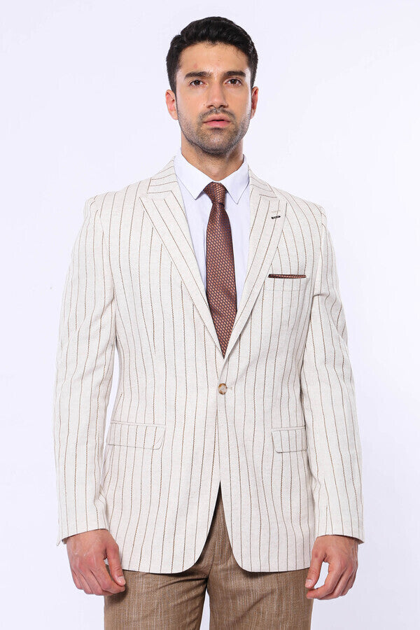 Striped Peak Lapel Beige Sport Jacket - Wessi