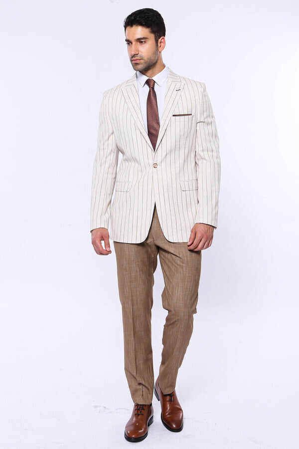 Striped Peak Lapel Beige Sport Jacket - Wessi