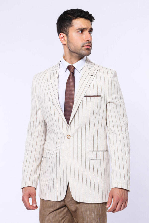 Striped Peak Lapel Beige Sport Jacket - Wessi