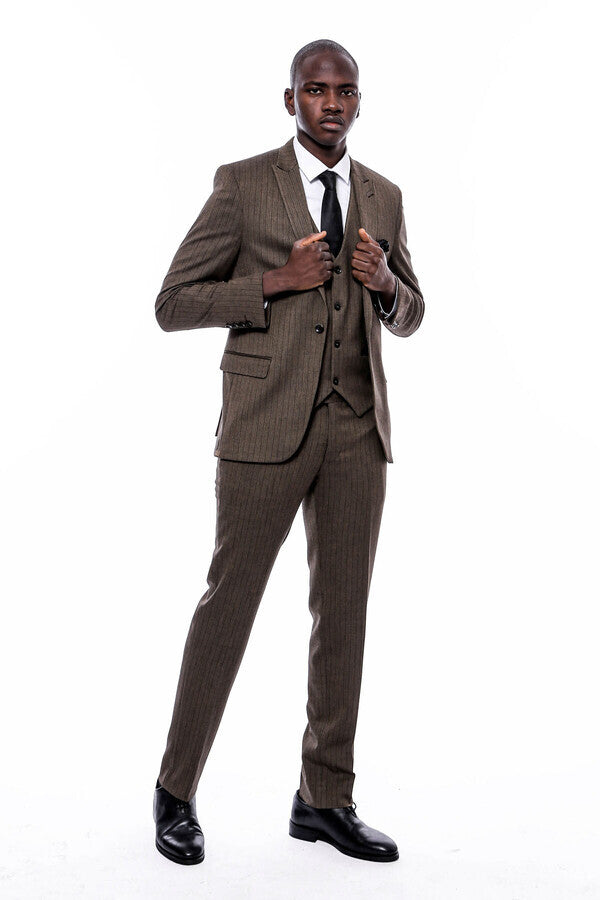 Striped Slim Fit Brown Men Suit - Wessi