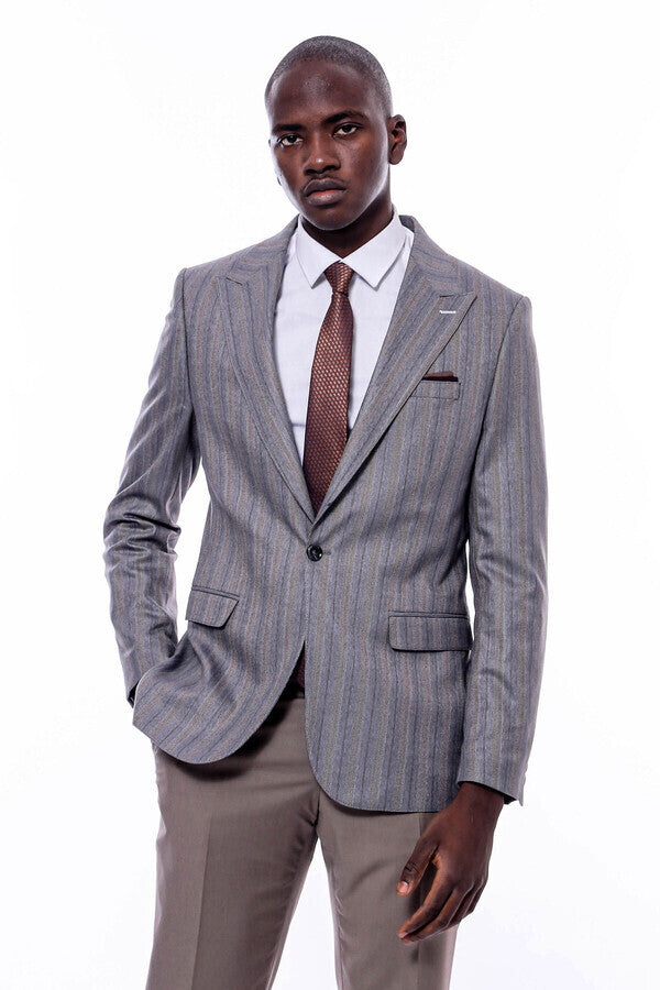 Striped Slim Fit Men Grey Blazer - Wessi