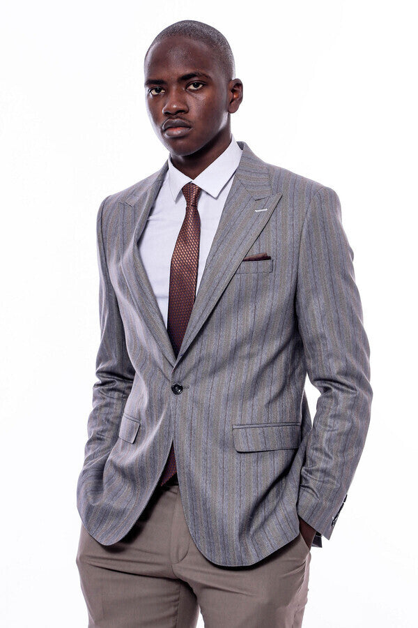 Striped Slim Fit Men Grey Blazer - Wessi