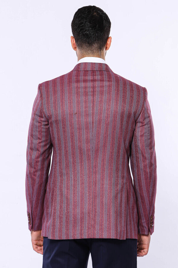 Striped Slim Fit Single Button Burgundy Men Blazer - Wessi