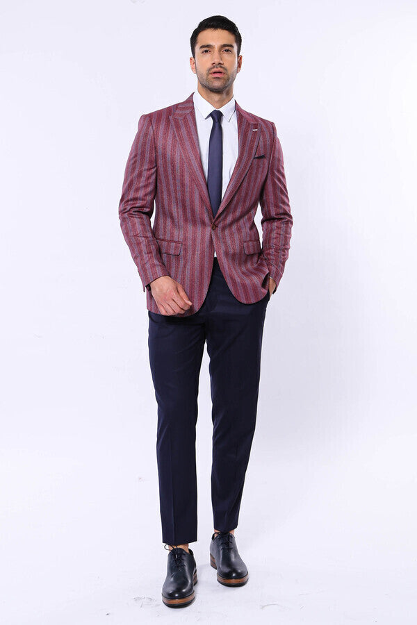 Striped Slim Fit Single Button Burgundy Men Blazer - Wessi