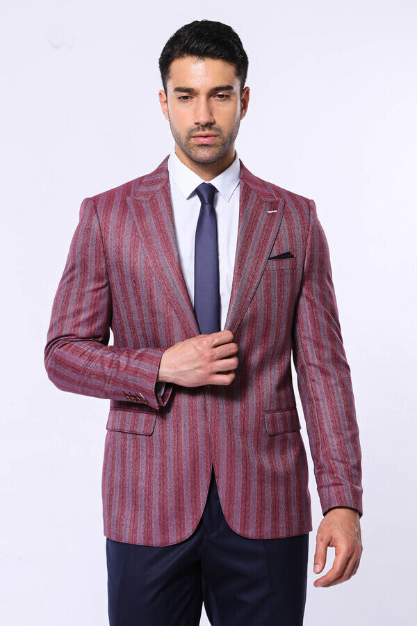 Striped Slim Fit Single Button Burgundy Men Blazer - Wessi