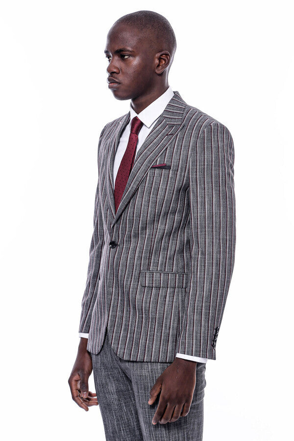 Striped Two Piece Grey Men Suit - Wessi