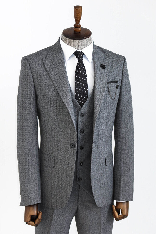 Striped Vested Grey Men's Suit    - Wessi