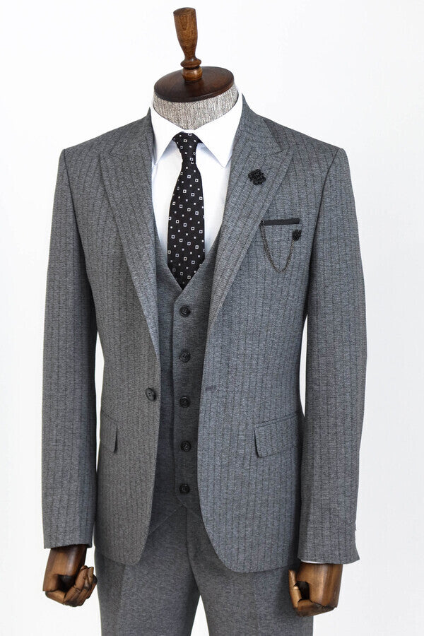 Striped Vested Grey Men's Suit    - Wessi