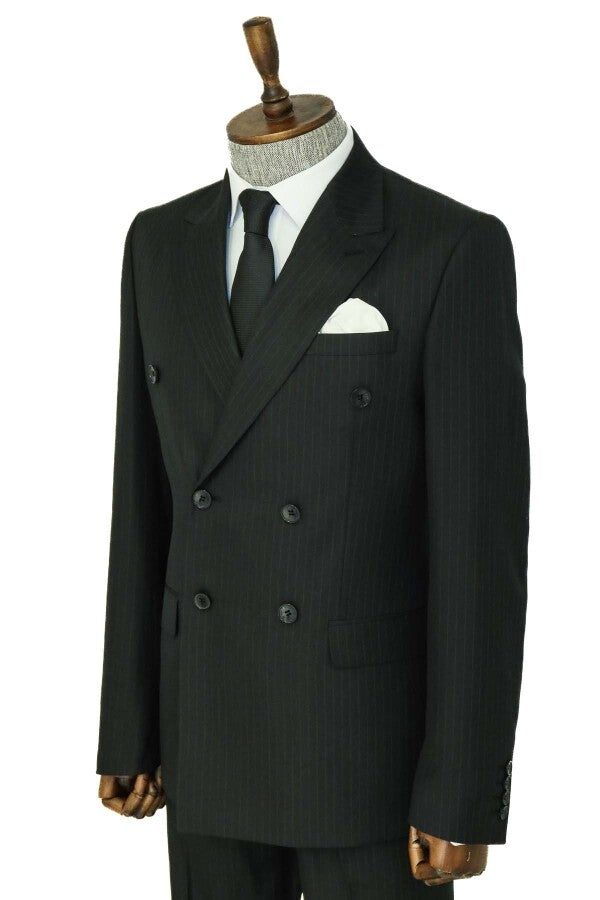 Striped Wide Collar Black Men Double-Breasted Suit - Wessi