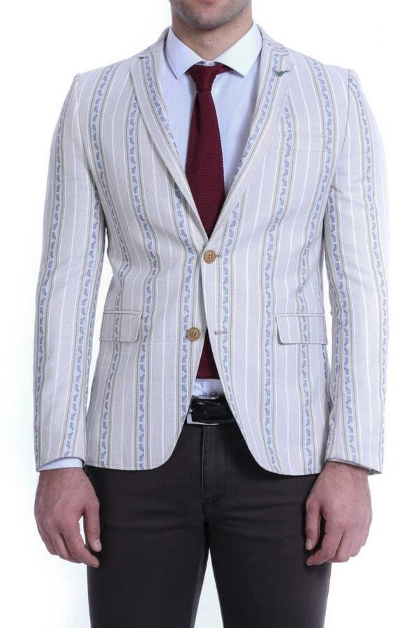 Stripped Beige Slim Fit Blazer - Wessi