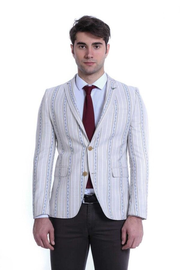 Stripped Beige Slim Fit Blazer - Wessi