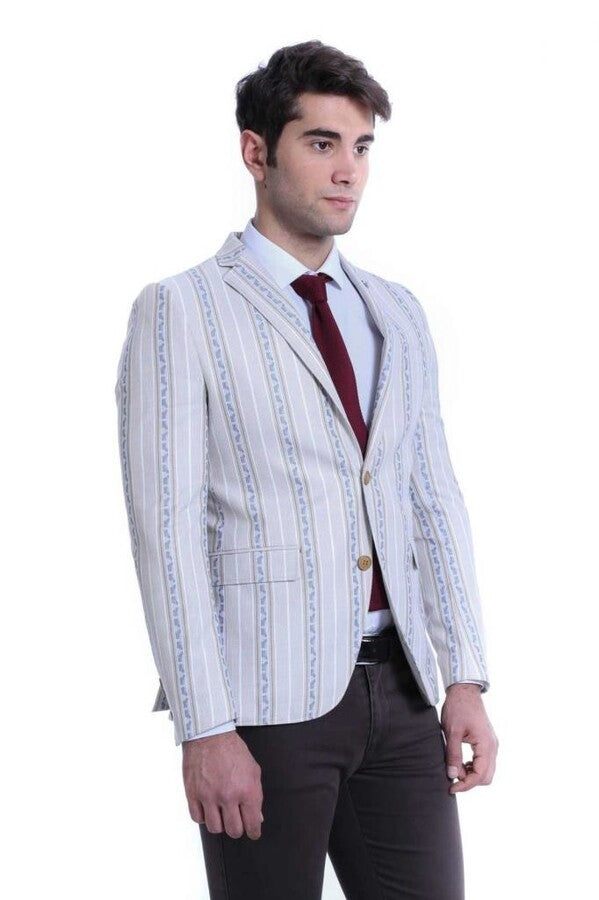 Stripped Beige Slim Fit Blazer - Wessi