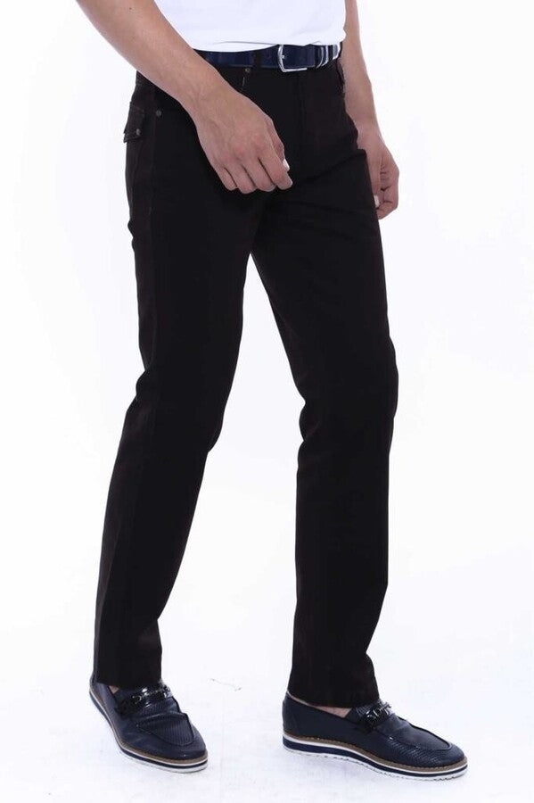 Suede Flap Pockets Plain Dark Brown Men Pants - Wessi