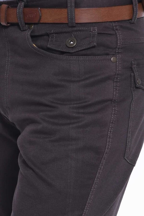 Suede Pocket Flap Plain Cotton Dark Brown Men Trousers - Wessi