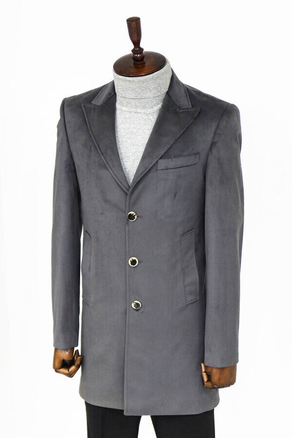 Suede Slim Fit Long Grey Men Coat - Wessi