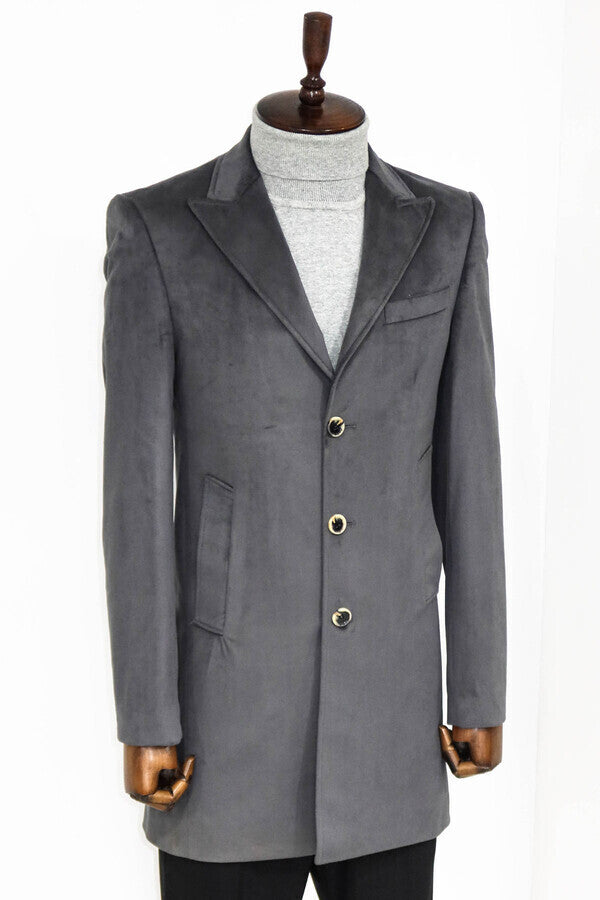 Suede Slim Fit Long Grey Men Coat - Wessi