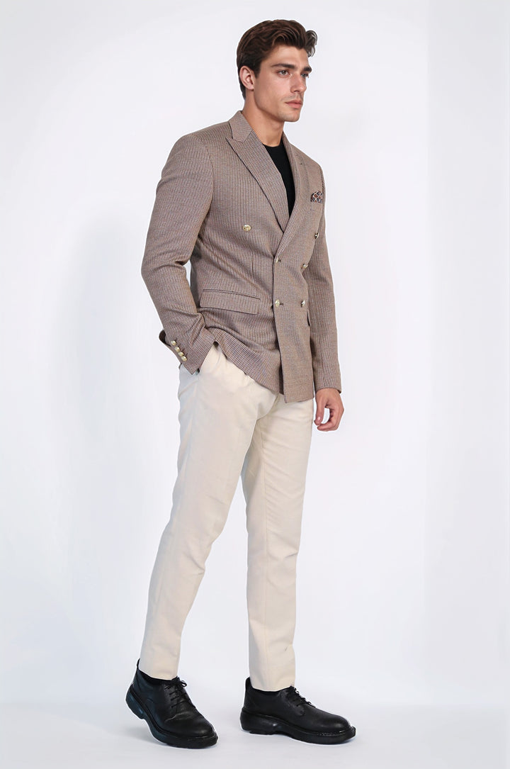 Sand Beige Pinstriped Slim Fit Double-Breasted Blazer with Gold Metal Buttons – Wessi