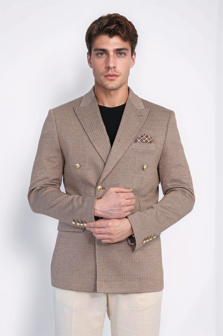 Sand Beige Pinstriped Slim Fit Double-Breasted Blazer with Gold Metal Buttons – Wessi