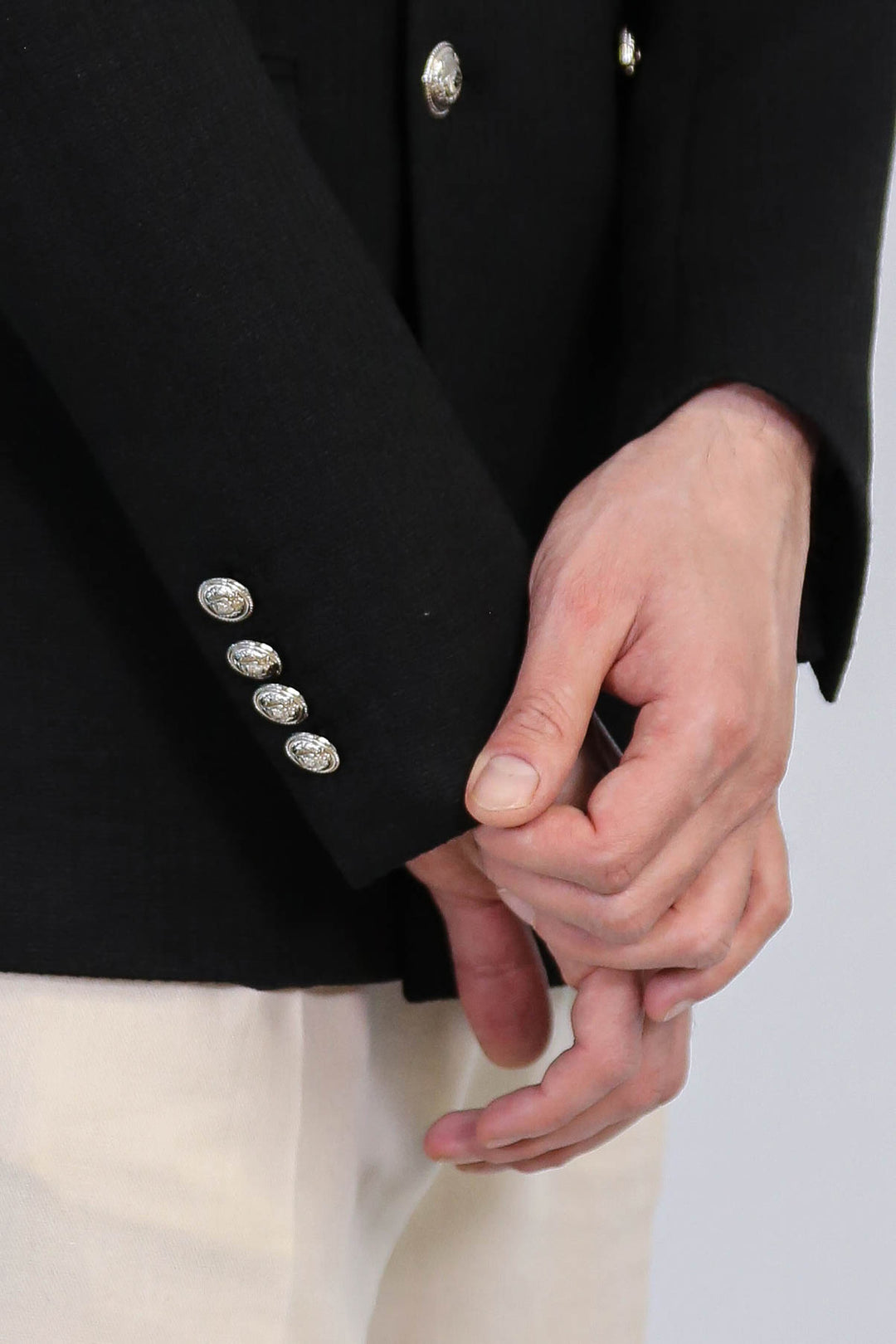 Black Solid Slim Fit Double-Breasted Blazer with Silver Metal Buttons Wessi Wholesale Black Solid Slim Fit Double-Breasted Blazer with Silver Metal Buttons Wessi Wholesale
