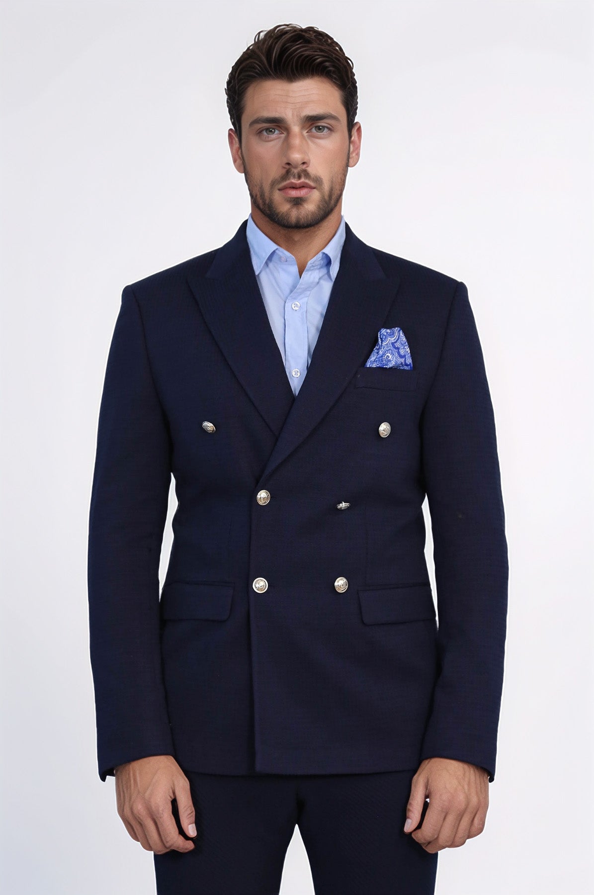 Navy Blue Solid Slim Fit Double-Breasted Blazer with Silver Metal