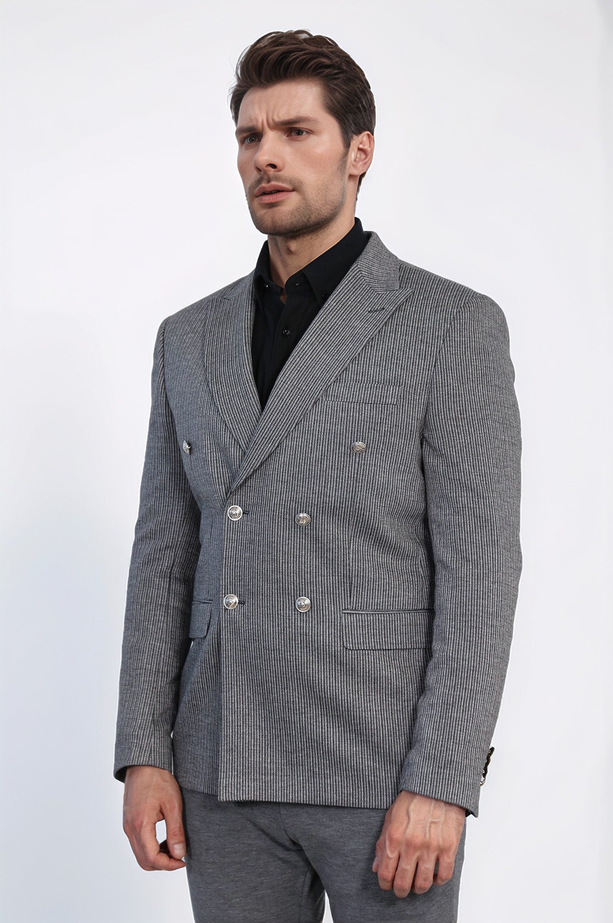 Anthracite Pinstriped Slim Fit Double-Breasted Blazer with Silver