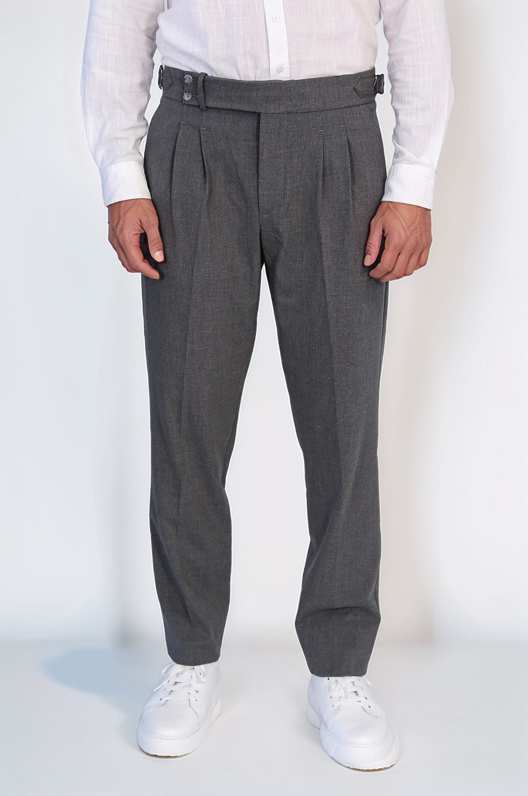 Anthracite Double Pleated Buckled High Waist Slim Fit Trousers Wessi