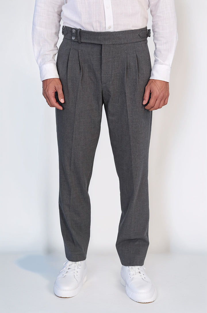 Anthracite Double Pleated Buckled High Waist Slim Fit Trousers Wessi
